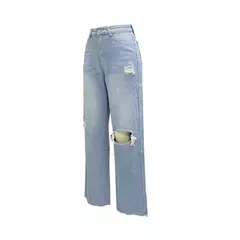 Joelho feminino quebrado buracos jeans reto, calça jeans de cintura alta, feminina solta de perna larga, confortável, moda casual, tendência
