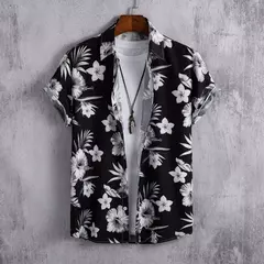 Camisa havaiana estampada geométrica masculina, blusa de praia de peito único, tops de manga curta, roupa de feriado masculina, moda flor, 2023 - loja online