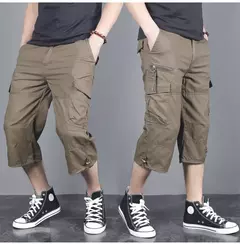 Calção de carga de comprimento longo masculino, calça Capri de algodão elástica casual com vários bolsos, curto tático militar, calções quentes, verão, 5XL - loja online