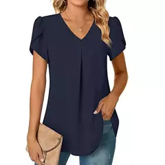 Blusa sexy com plissado e v pescoço para as mulheres, camisa de manga curta, cor sólida, solto, roupas de trabalho, verão, sze-st23015 na internet