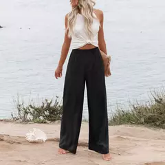 Calça larga de linho de algodão feminina, comprimento total, casual, monocromática, solta, cintura alta, reto, botão, verão - loja online