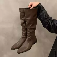 Imagem do Botas altas para o joelho feminino, sapatos femininos, dobras deslizantes, salto baixo, dedo do pé redondo, plano, longo, moda, outono, inverno