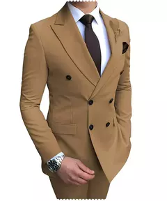 2024 novo terno masculino bege 2 peças duplo breasted notch lapela plana fino ajuste casual smoking para casamento (blazer + calças) - loja online