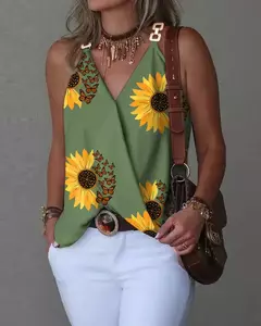 Camisola de alças sem mangas estampada listrada feminina, gola em v com fivela de metal, pulôver solto, blusa feminina, verão, 2024 - Wolf Magazine