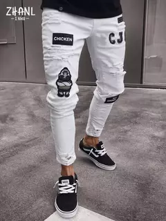Calças jeans skinny rasgadas elásticas masculinas, bordado branco, algodão, hip hop, buraco negro, slim fit, calças jeans grandes, alta qualidade - loja online