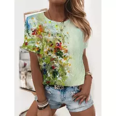 Camiseta explosiva estampada em girassol 3D para mulheres, gola redonda, fosca, flor, moda, novo produto, 2024 - loja online
