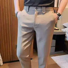 Calça de cintura elástica cor sólida para homens, calça casual slim fit, vestido de festa social, roupas de negócios de alta qualidade