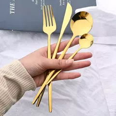 Aço inoxidável Golden Talheres Set, Faca, Garfo, Colher, Talheres, Talheres, Festival Cozinha, Louça, Presente, Punho Preto, 24pcs