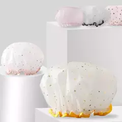 Imagem do Double-Layer Shower Cap para senhoras, PVC, impermeável, à prova de óleo, banheiro, cozinha, agregado familiar, banhando-se