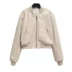 Jaqueta de couro PU feminina, casaco PU, mangas compridas, jaqueta solta, couro gradiente, gola redonda, zíper, locomotiva, curta, lavada