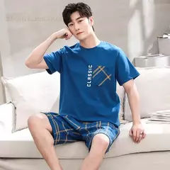 Conjunto pijama masculino de malha de algodão, conjunto de pijamas manga curta, terno letra, Homewear masculino, tamanho XL a XXL, verão - Wolf Magazine