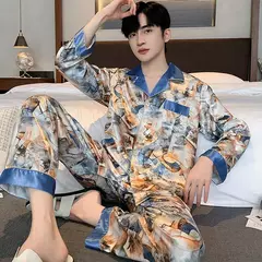 Pijama de cetim de seda manga comprida masculino, conjuntos de pijamas, calças pijama, shorts manga curta estampados para dormir, novo - comprar online