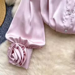 Elegante cetim tridimensional flor manga longa lapela blusa chique vintage moda colheita topo feminino camisas de outono roupas - loja online