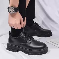 Imagem do Sapato casual de couro masculino, sola grossa, com renda, dedo do pé redondo, antiderrapante, conforto ao ar livre, estilo britânico, formal, estudante