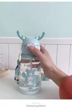 Garrafa de água Deer Horn para crianças, grande capacidade, copo de palha de plástico, estudante, menina kawaii, crianças, desenhos animados, 500ml