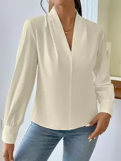 Pulôver de manga comprida com decote V feminino, camisa elegante, estilo britânico, tops urbanos, monocromático, confortável, blusa casual feminina, outono