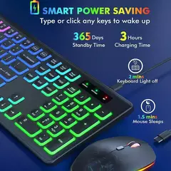 Combo de teclado e mouse sem fio, retroiluminado RGB, letras iluminadas recarregáveis, tamanho completo ergonômico, modo de suspensão, 2,4 GHz - comprar online