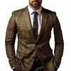 Casaco de terno xadrez slim fit estampado masculino, fechamento de botão único, cardigã reto de comprimento médio, casaco de trabalho, estilo comercial formal, manga comprida, cardigã