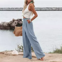 Calça larga de linho de algodão feminina, comprimento total, casual, monocromática, solta, cintura alta, reto, botão, verão - loja online