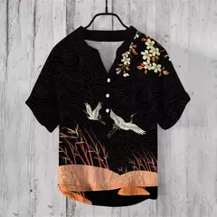 Camiseta casual de manga curta estampada masculina, camisa Henry estilo japonês - Wolf Magazine