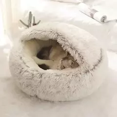 Imagem do Almofada redonda para gatos, sacos de dormir semi fechados para animais de estimação, pelúcia longa e macia 2 em 1, camas quentes para gatos, conforto simples, ninho de dormir quente para cachorros