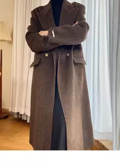 Imagem do Casaco de alpaca de lã feminino, jaquetas de lã, trespassado duplo, gola de terno, solto, Casacos longos, senhora do escritório, outono, inverno, 2022