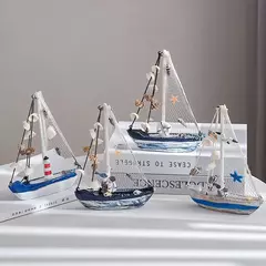 Modelo de barco a vela de madeira estilo mediterrâneo, artesanato ornamentos, acessórios de decoração para casa, decoração da sala, presentes 19cm