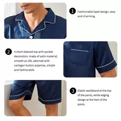 Imagem do Conjunto de pijama de cetim masculino manga curta, pijamas para homem, camisa de botões, calções de cintura elástica, roupa de casa, 2 peças, verão