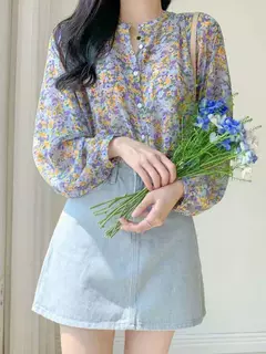 Mulheres elegante impressão chiffon blusa primavera verão casual manga longa com decote em v camisa solta senhora do escritório botão doce topos 2023 - Wolf Magazine
