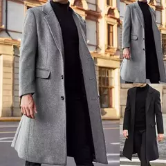 Imagem do Casaco de lã de comprimento médio masculino, sobretudo masculino, manga longa, botões, gola de lapela, monocromático, outono, inverno