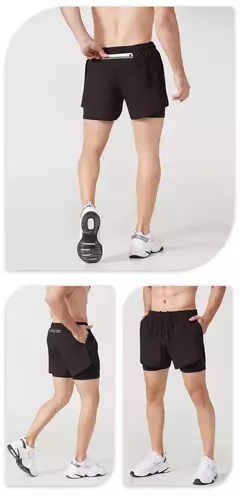 Calção de corrida de camada dupla de secagem rápida masculina, fitness, preto, esporte, treino, musculação, calça curta, novo