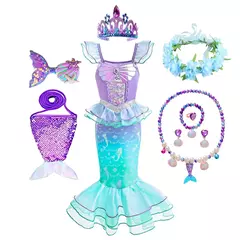 Meninas roxo-azul sereia ariel cosplay vestido de halloween vestido de festa de aniversário meninas praia vestido de férias