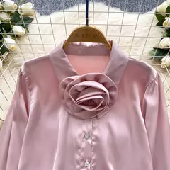 Imagem do Elegante cetim tridimensional flor manga longa lapela blusa chique vintage moda colheita topo feminino camisas de outono roupas
