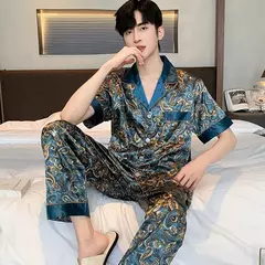 Conjuntos de pijama masculino de cetim de seda manga comprida, pijamas masculinos, camisola estampada, Casa, Soft Cozy Sleepwear Calças, Novo - loja online