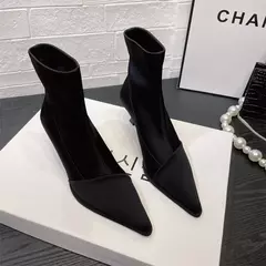 Elegante bota feminina de salto alto fino, dedo apontado de cetim, botins glamorosos elásticos, elegância curta, nova na internet