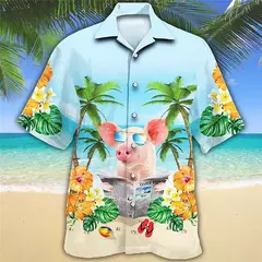 Flamingo desenho animado 3D dos homens camisa havaiana, roupas de praia extragrandes, manga curta, moda, verão, venda quente