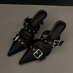 Fivela punk gótica de metal salto alto para mulheres, dedo apontado, sapatos prateados, sandálias de verão, 2024 - loja online