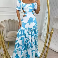 Vestido de balanço de manga curta feminino, temperamento sexy, deslocamento, slim fit, estampado, oco, renda para cima, balanço grande, cintura alta, dr na internet