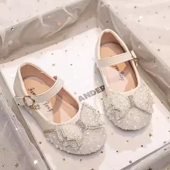 Salto liso da menina com arco pérola e strass, sapatos princesa para crianças, moda, outono - Wolf Magazine