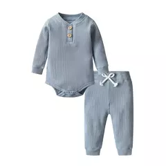 Conjunto de roupas para bebê recém-nascido menino e menina, feito de algodão, com nervuras, manga longa, bodysuit e calça, cor sólida - loja online