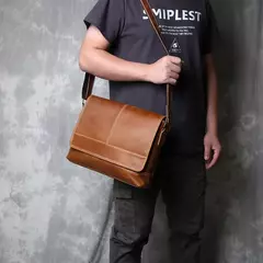 Mochila masculina de couro genuíno de um ombro, maluca couro cavalo, estilo horizontal, grande capacidade, bolsa mensageiro casual - Wolf Magazine
