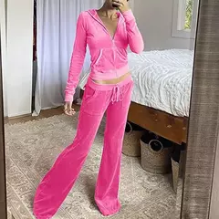 Suéter de veludo veludo de 2 peças para mulheres, calças largas, agasalho slim fit, capuz casual com zíper, jaqueta vintage, moletom - Wolf Magazine
