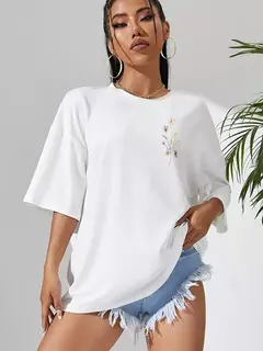 Lindos clusters de flores femininos estampa camisetas de algodão, tops casuais respiráveis macios de manga curta, roupas de rua soltas e confortáveis na internet