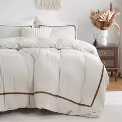Soft Lightweight Duvet Cover Set, suave cama para baixo, bola Consolador, linha geométrica cama, toda a temporada, branco e cáqui, 3pcs - comprar online