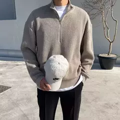 Pulôver de zíper com gola meia alta masculino, suéter de malha, jaqueta solta, roupa que combina com tudo, nova moda, primavera, outono, 2023 - loja online