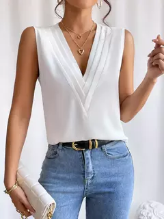 Moda feminina verão novo multi-nível com decote em v cor sólida regata camisa elegante feminino branco sem mangas blusa casual - comprar online