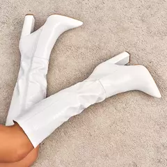Botas de couro com pontas aneikeh para mulheres, botas até o joelho com saltos grossos, padrão crocodilo, zíper lateral, primavera e outono, 2021