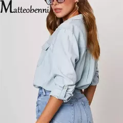 Camisa jeans fina de peito único feminina, bolso de emenda, manga longa, tops de lapela, confortável, blusa casual para mulheres, outono