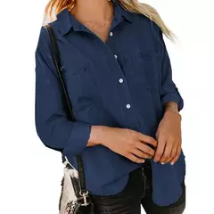 Camisa jeans feminina solta, bolso duplo, manga comprida, jaqueta casual versátil, primavera e outono, nova, 2024