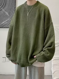 Pulôver de gola redonda de cor sólida masculino, suéter de malha casual, maca na internet